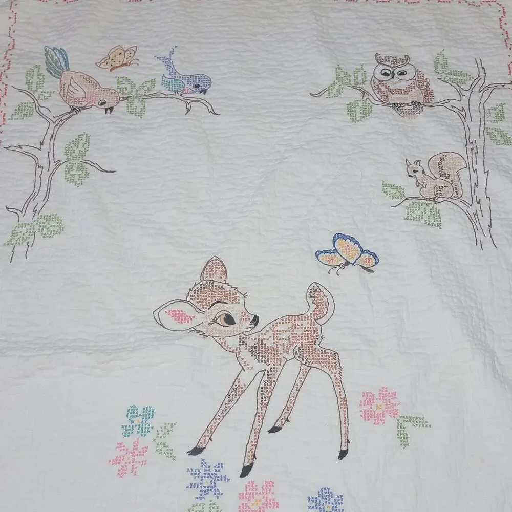 VINTAGE 1970's Disney Bambi Needle Point Throw 34